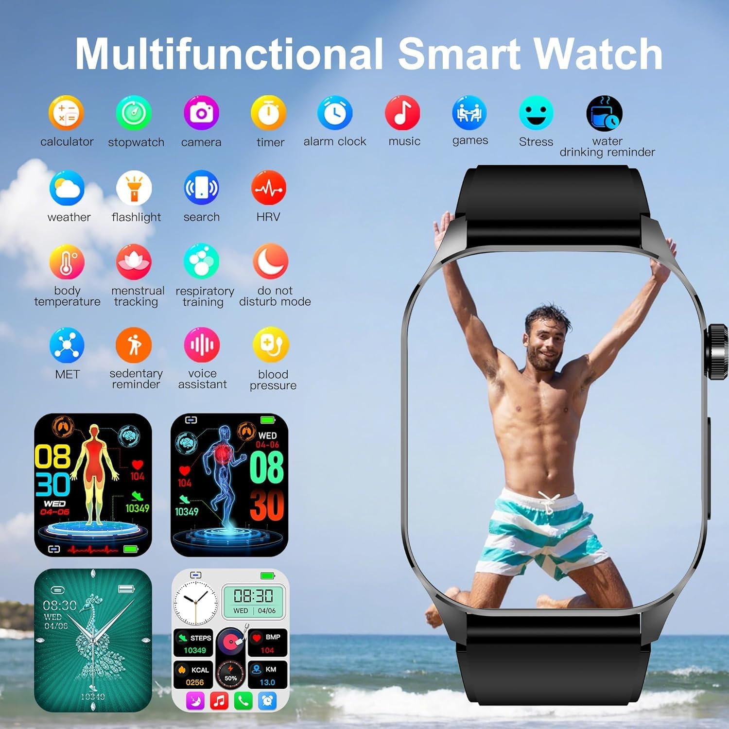 Advanced Health Smartwatch for Women Men with Real-Time Monitoring of Heart Rate, Blood Oxygen, Body Temperature, Blood Pressure, Sleep Auality and Stress Levels.