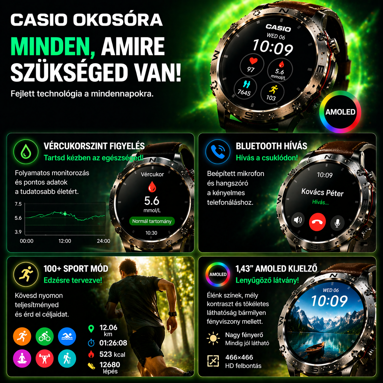 CASIO Stílusú AMOLED Okosóra – Vércukorszint Figyelés, Bluetooth Hívás, 100+ Sport Mód