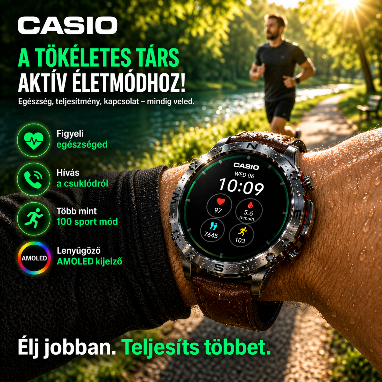 CASIO Stílusú AMOLED Okosóra – Vércukorszint Figyelés, Bluetooth Hívás, 100+ Sport Mód