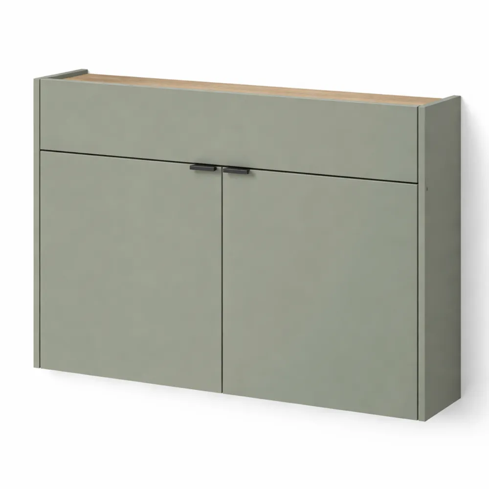 Armoire polyvalente suspendue, couleur vert taupe/chêne, idéale pour couloirs étroits