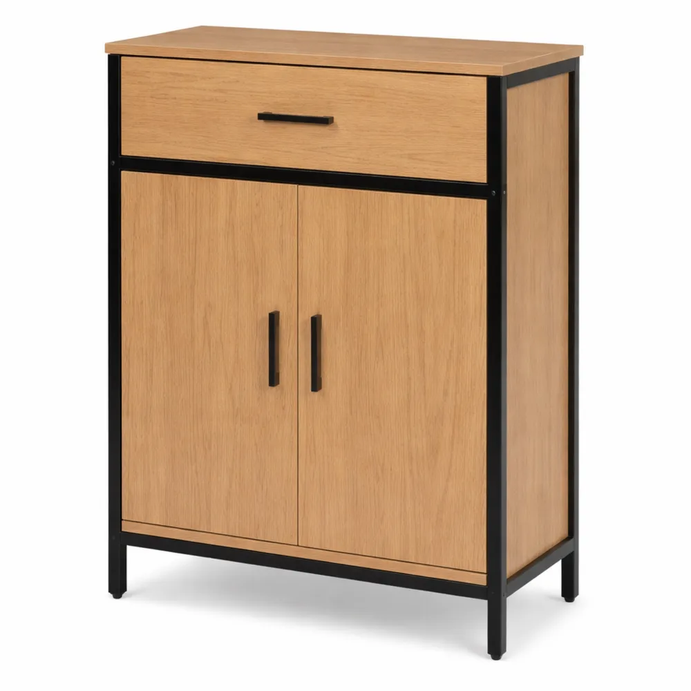 Armoire de Salle de Bain avec Tiroir et Portes, Style Industriel, Chêne Clair