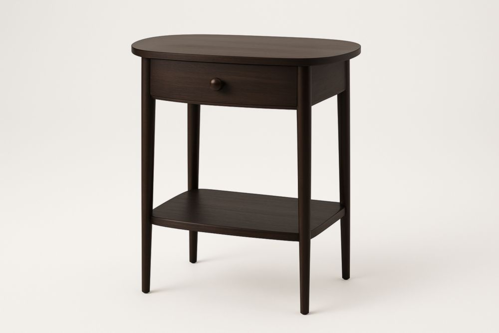 Table d'appoint ovale en bois massif brun avec tiroir et étagère