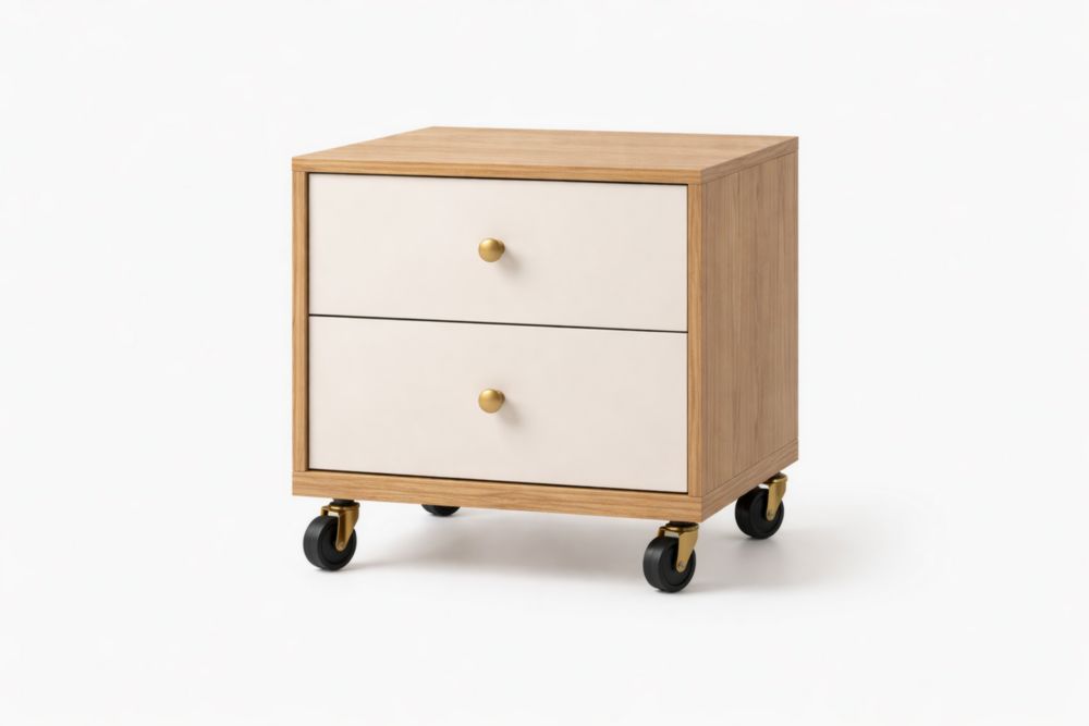 Classeur de rangement en bois de chêne sur roulettes avec 2 tiroirs