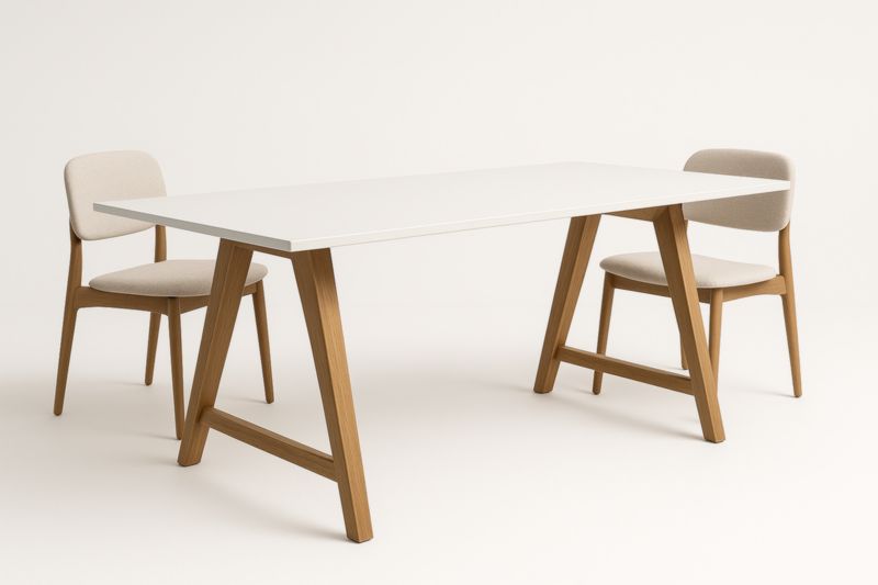 Table rectangulaire en bois avec plateau blanc et 2 chaises en tissu