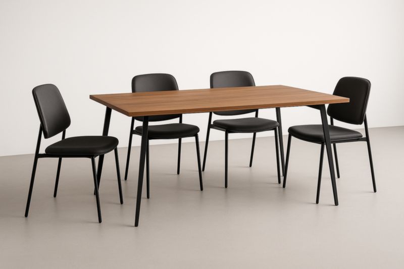 Ensemble table à manger en bois de noyer avec 4 chaises en similicuir noir