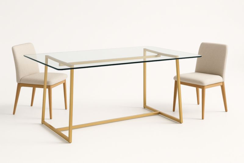 Table rectangulaire en verre trempé avec deux chaises en tissu