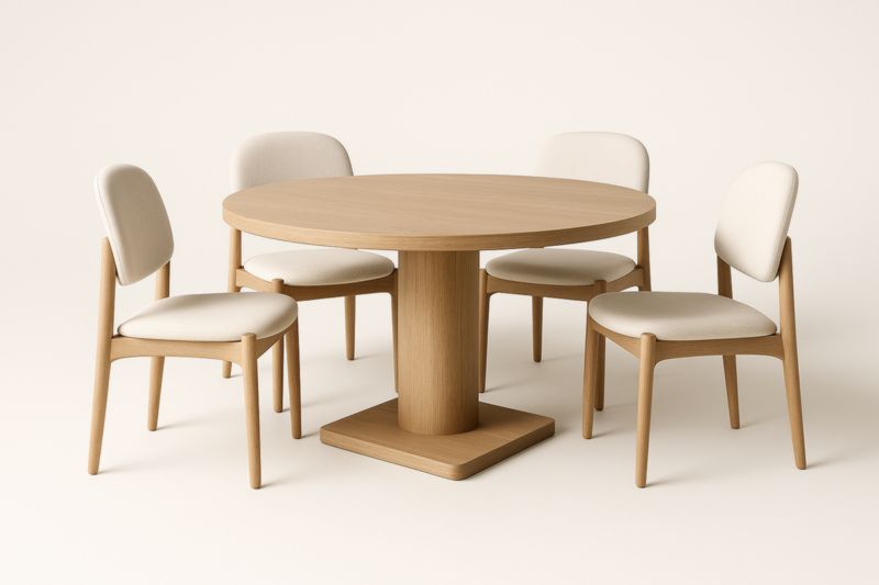 Table ronde en bois avec 4 chaises rembourrées
