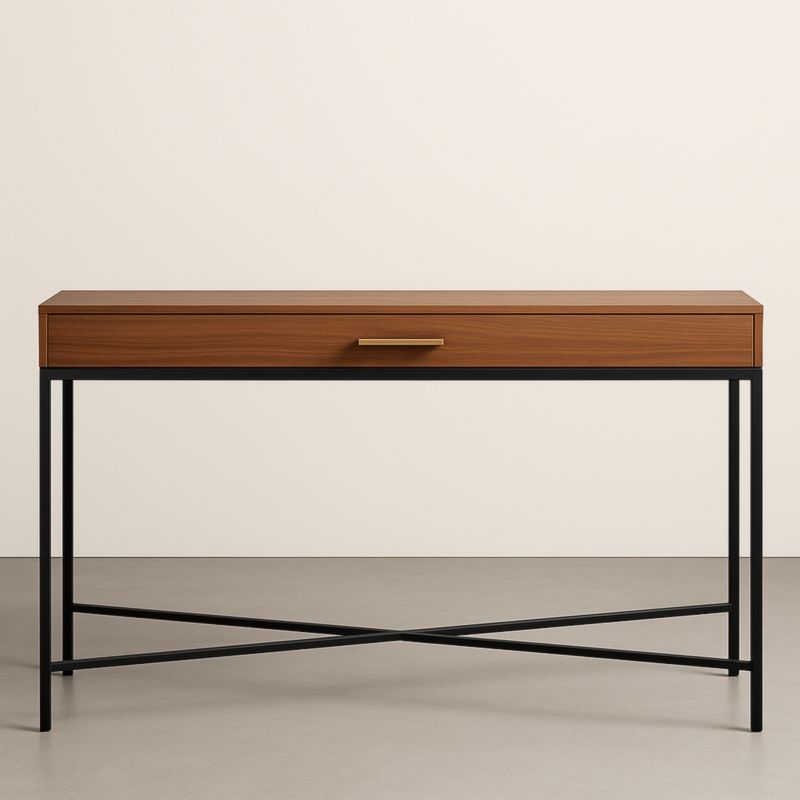 Console en Bois MDF avec Tiroir et Pieds en Métal Noir 140x40x78 cm