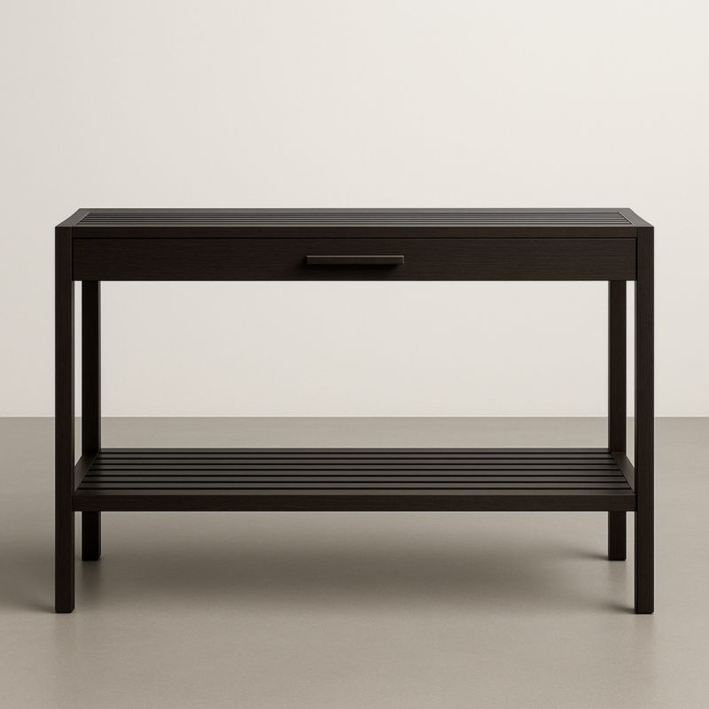 Table console en bois massif noir avec étagère
