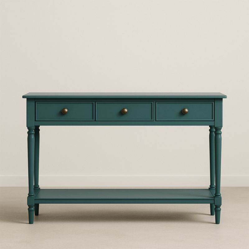Console en bois vert avec tiroirs et étagère