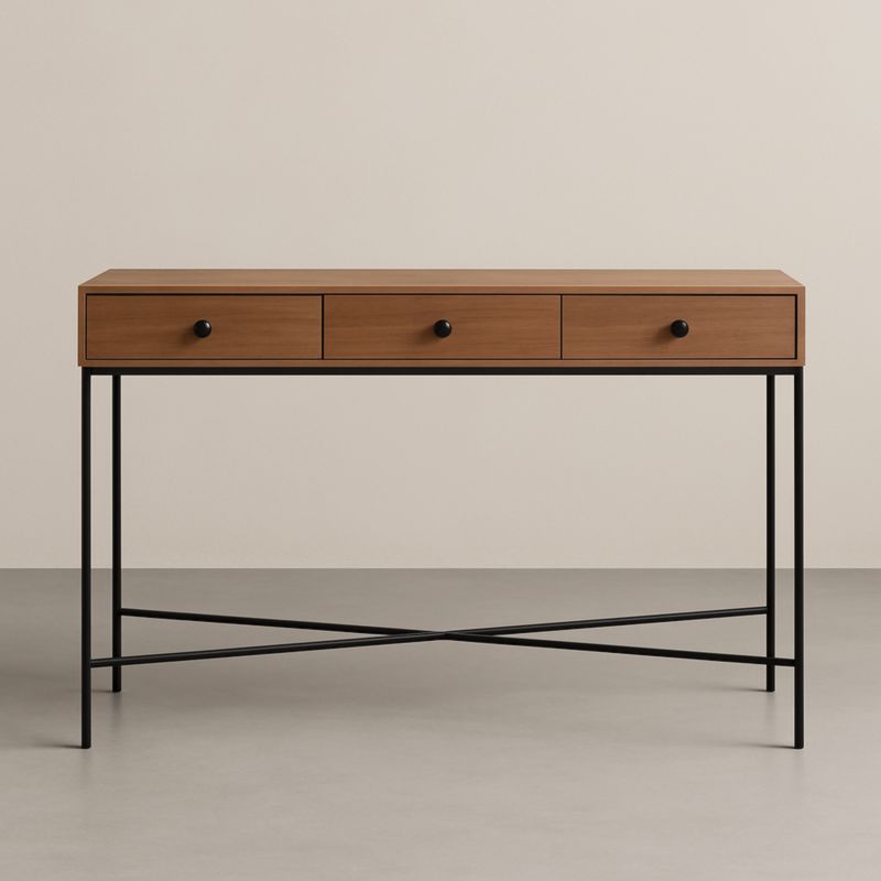 Console Rectangulaire en Bois et Métal avec 3 Tiroirs Marron