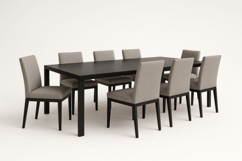 Table à manger en bois noir avec 8 chaises en tissu gris