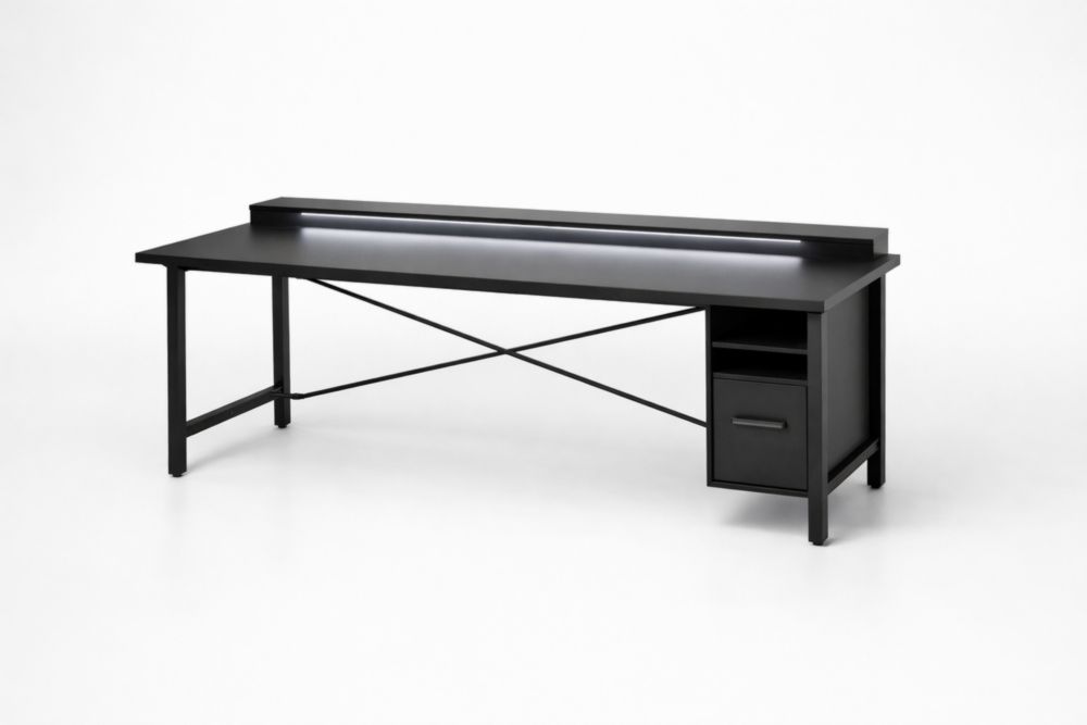 Bureau en acier noir avec étagère et tiroir longueur 200 cm