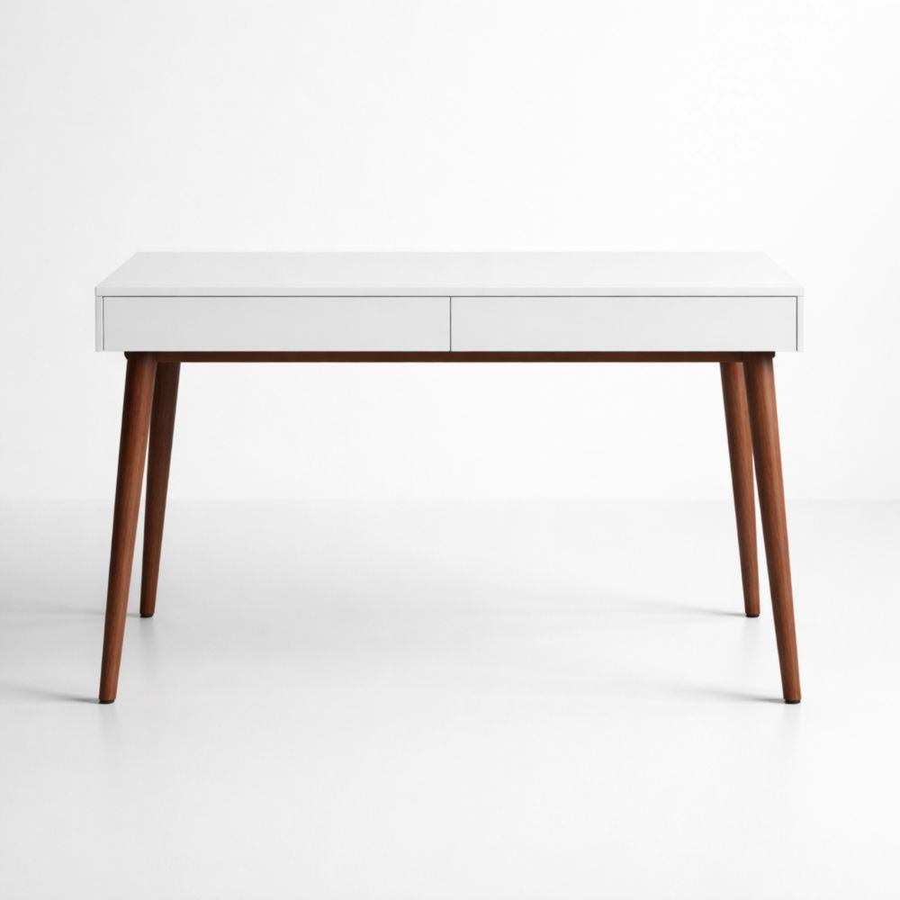 Bureau rectangulaire blanc avec pieds en chêne, longueur 120 cm