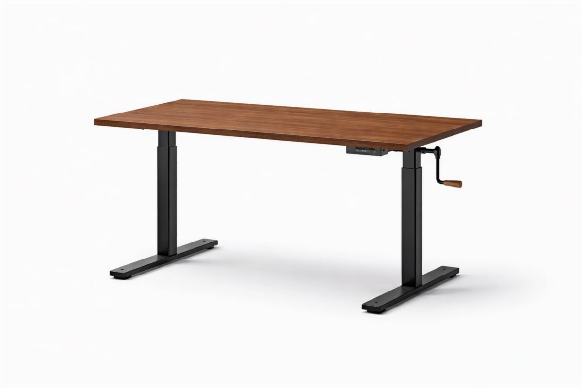 Bureau réglable en hauteur manuel noyer et acier