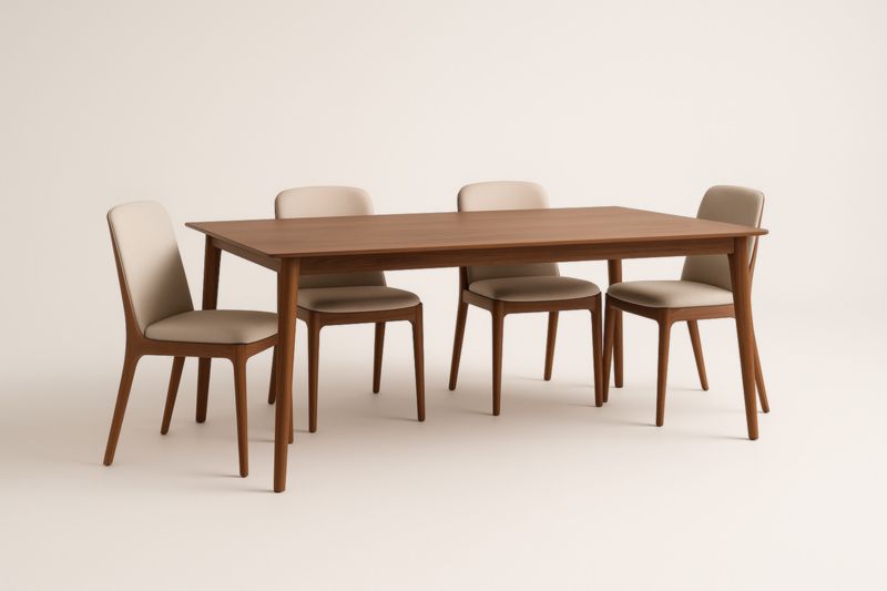 Table et Chaises en Bois de Noyer et Tissu Beige