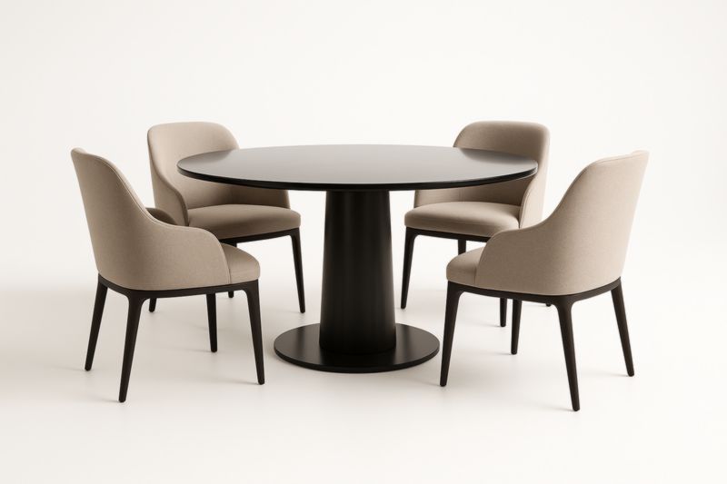 Table ronde en bois avec 4 chaises en tissu beige