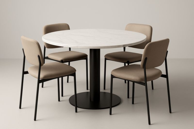 Ensemble table ronde blanche en MDF avec 4 chaises beige/noir – Table Ø120×75 cm, Chaises 85×45×55 cm