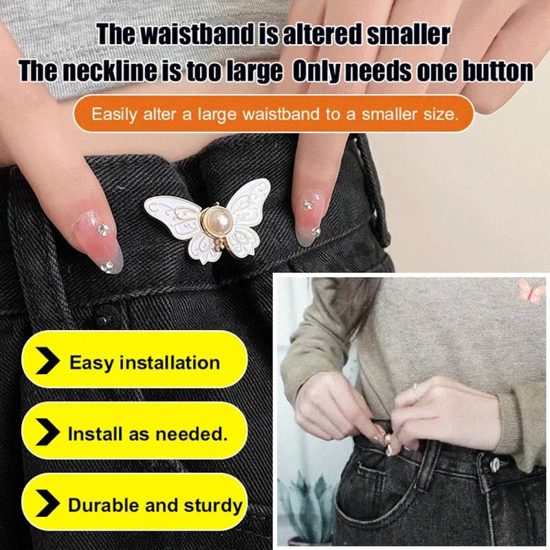 🌸🦋 POSLEDNÍ DEN! KUPTE 2, ZÍSKEJTE 2 ZDARMA 🎁💜 Odnímatelná motýlí přezka v pase – bez nářadí, nastavitelná na džíny, sukně a šaty, vytvoří tvar přesýpacích hodin ✨👗💃