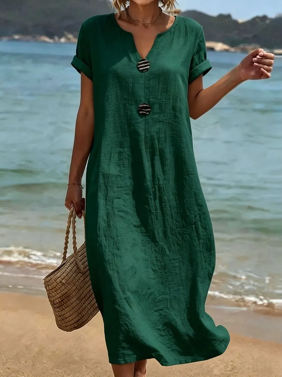 Women's Midi Dress Beach Dress Casual Dress Summer Dress Basic Classic Daily Vacation Loose Fit Plain Short Sleeve V Neck White Navy Blue Green Summer Spring 2026 - &euro;33.99 &ndash;P2