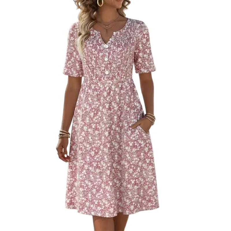 🌸Sukienka z dekoltem w serek na co dzień dla kobiet – modny wzór z kieszeniami👗