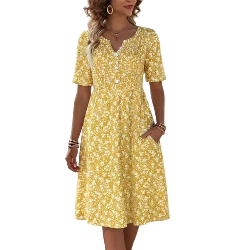 🌸Sukienka z dekoltem w serek na co dzień dla kobiet – modny wzór z kieszeniami👗