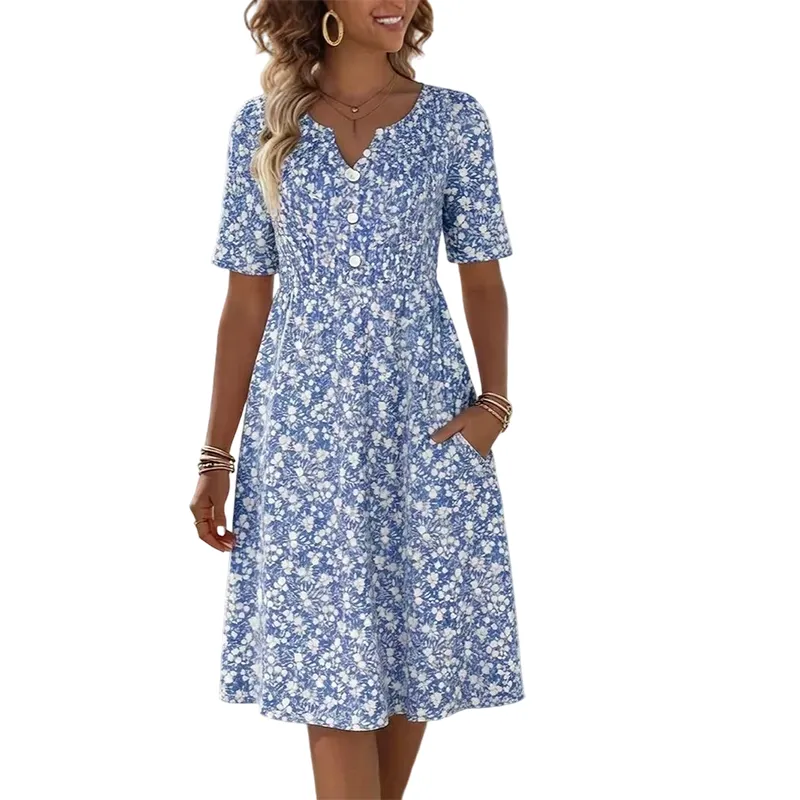 🌸Sukienka z dekoltem w serek na co dzień dla kobiet – modny wzór z kieszeniami👗