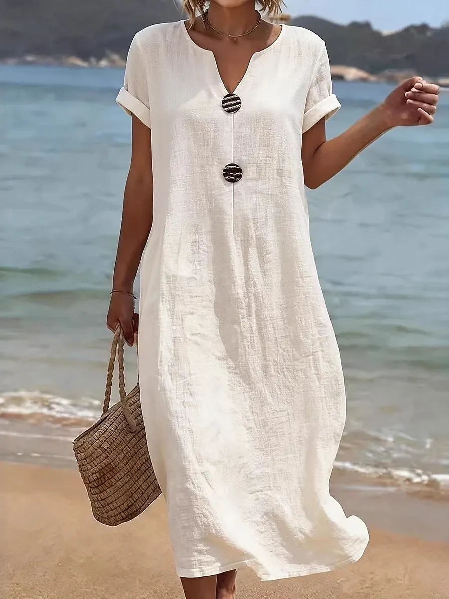 Women's Midi Dress Beach Dress Casual Dress Summer Dress Basic Classic Daily Vacation Loose Fit Plain Short Sleeve V Neck White Navy Blue Green Summer Spring 2026 - &euro;33.99 &ndash;P1