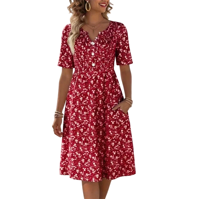 🌸Sukienka z dekoltem w serek na co dzień dla kobiet – modny wzór z kieszeniami👗