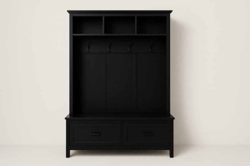 Meuble d'entrée noir en MDF avec tiroirs, crochets et compartiments ouverts – 180×110×40 cm