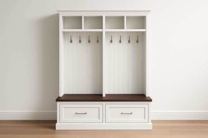 Meuble d'entrée en bois MDF avec crochets et tiroirs blanc/noyer
