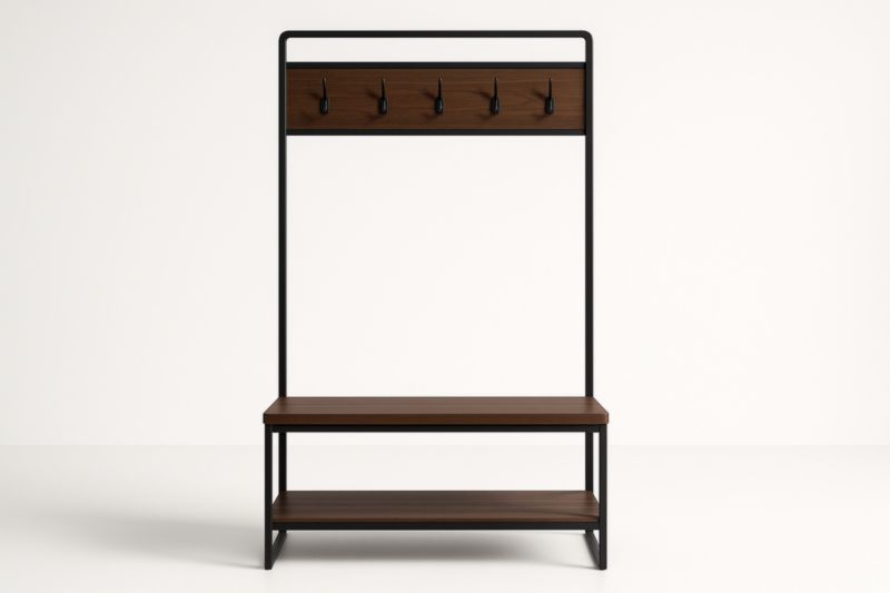Meuble de rangement vertical noir avec portemanteau, crochets et étagères en MDF décor bois – 180×80×40 cm
