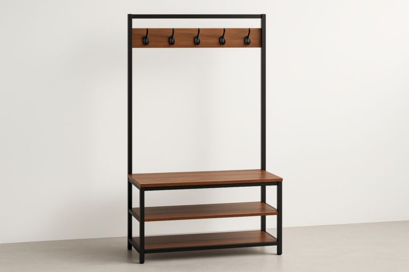 Porte-manteau en métal et bois avec banc étagère 180cm