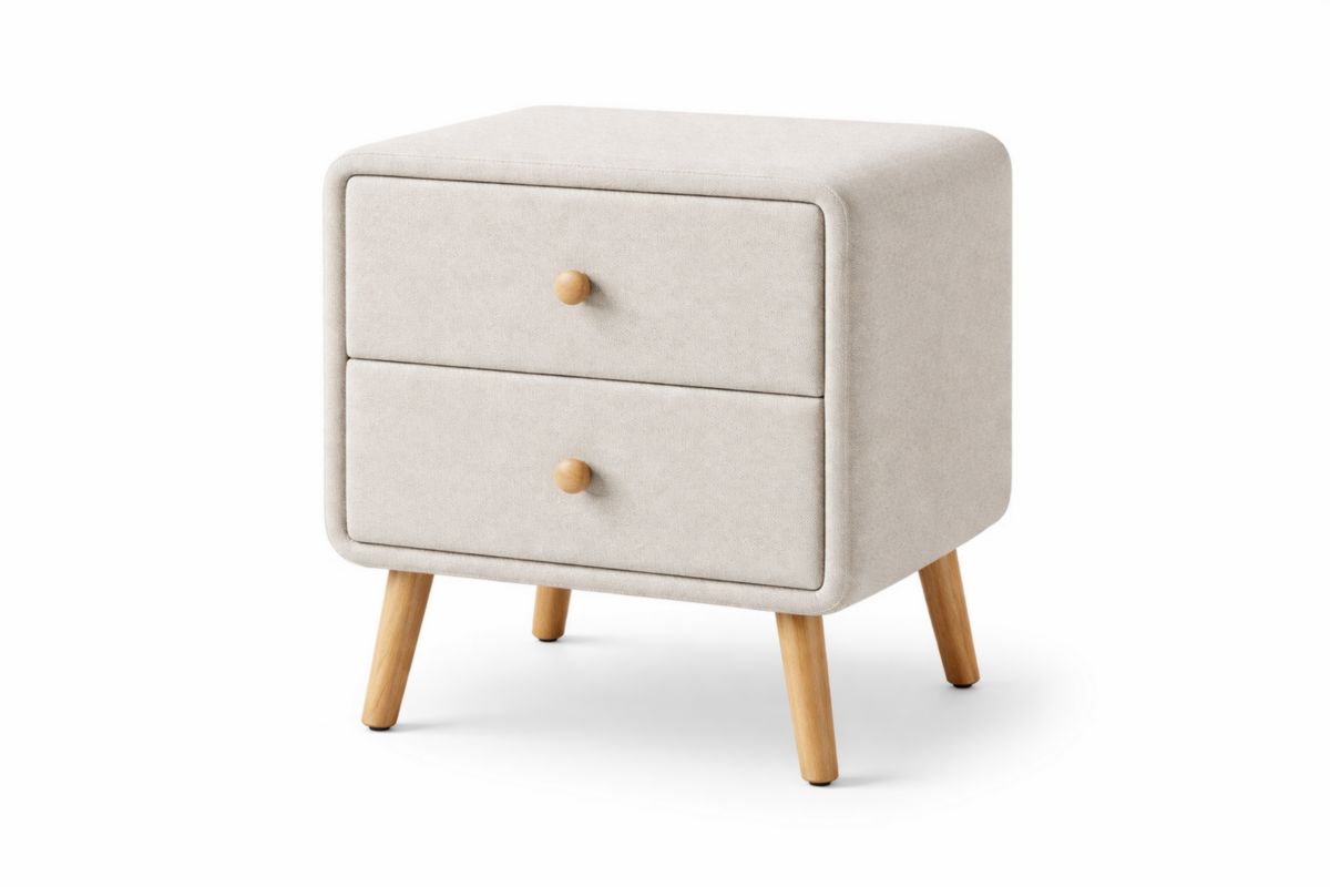 Table de Chevet en Bois de hêtre et Tissu Beige 2 Tiroirs
