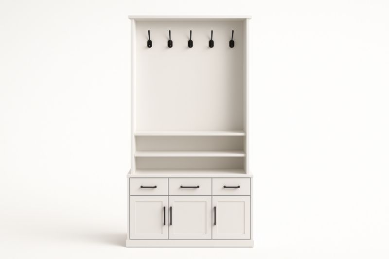 Meuble d'entrée en pin avec crochets et étagères blanc