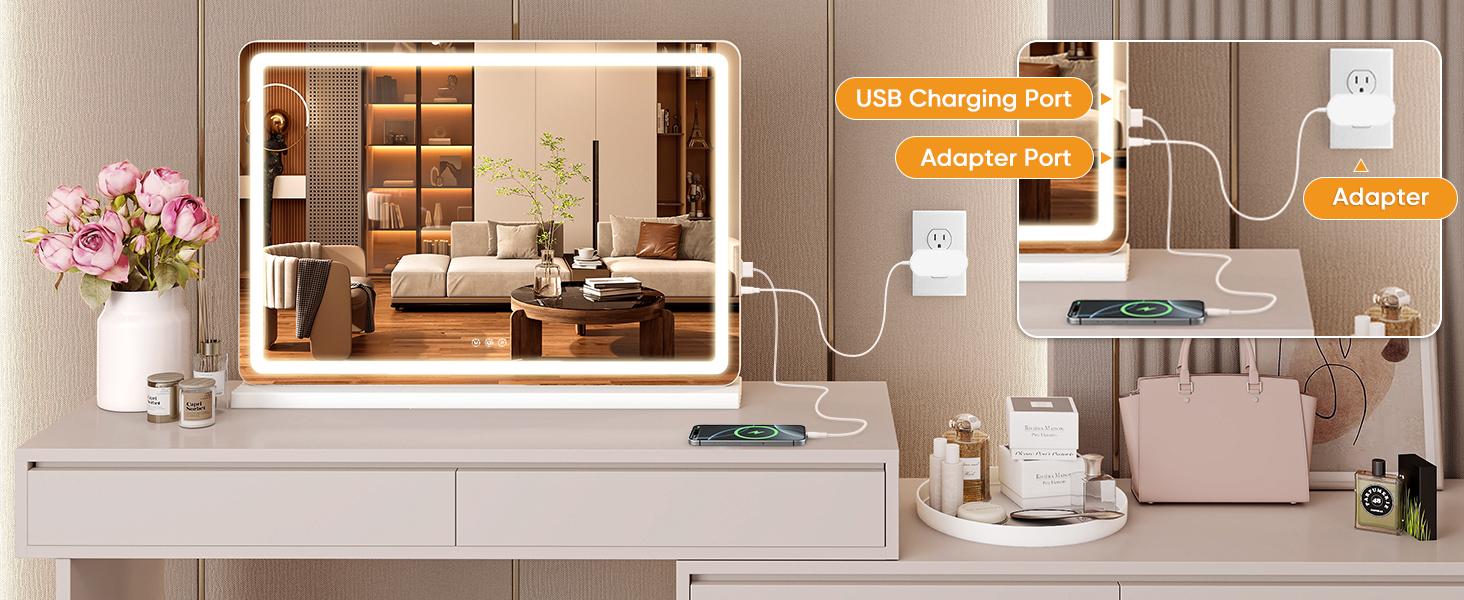 Sweetcrispy LED Lighted Vanity Mirror - Adjustable Lighted, 3 Dimmable Color Modes, Touch Screen Control, Square White Modern Home Decor Item for Aesthetic Room & Bathroom Supplies, Adjustable Lighted Mirror, Modern Mirror