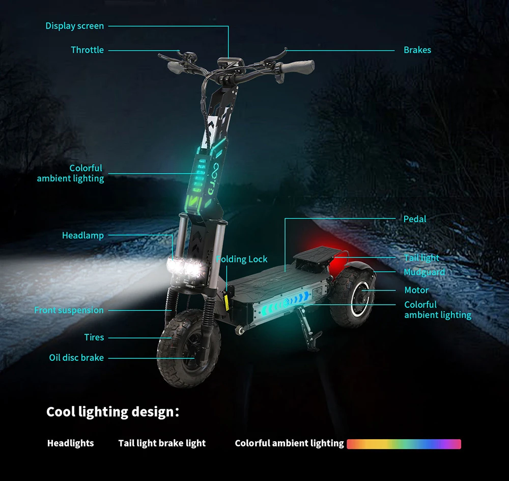 OOTD T30 Folding Electric Scooter, 1600W*2 Motor, 60V 31.2Ah Battery, 13 inch Off-road Tires, 65km/h Max Speed, 100km Max Range, Hydraulic Disc Brakes, Front Hydraulic & Rear Spring Suspension, 200kg Max Load