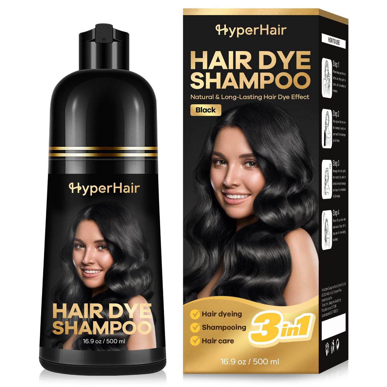 HyperHair Black Hair Dye Shampoo, Shampoos for Color Treated Hair, Hair Dye Shampoo 3 In 1, Black Hair Dye, Shampoos for Gray Hair for Women & Men, Long Lasting & Coverage
