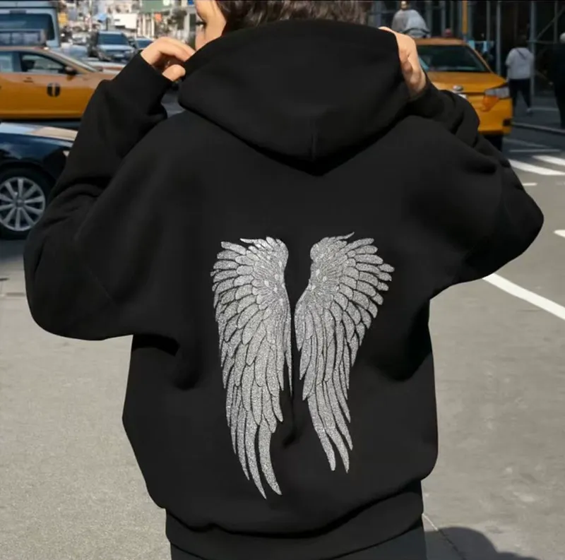 Women's Grey Sequined Angel Wings Cropped Hoodie and Sweatpants Set - Stylish and Casual