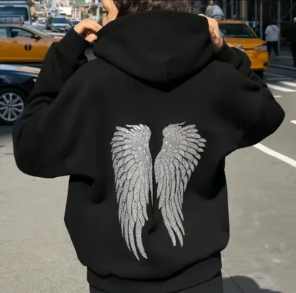 Women's Grey Sequined Angel Wings Cropped Hoodie and Sweatpants Set - Stylish and Casual