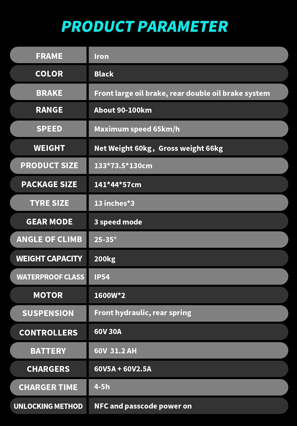 OOTD T30 Folding Electric Scooter, 1600W*2 Motor, 60V 31.2Ah Battery, 13 inch Off-road Tires, 65km/h Max Speed, 100km Max Range, Hydraulic Disc Brakes, Front Hydraulic & Rear Spring Suspension, 200kg Max Load