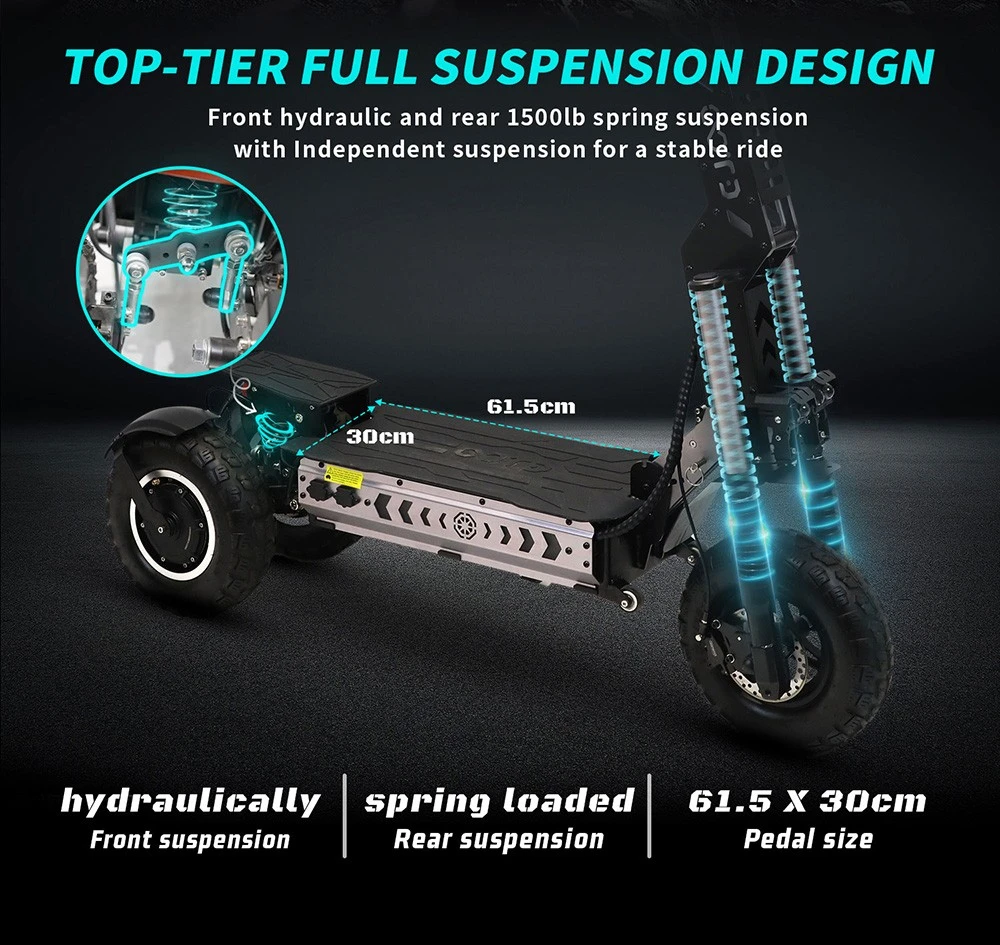 OOTD T30 Folding Electric Scooter, 1600W*2 Motor, 60V 31.2Ah Battery, 13 inch Off-road Tires, 65km/h Max Speed, 100km Max Range, Hydraulic Disc Brakes, Front Hydraulic & Rear Spring Suspension, 200kg Max Load