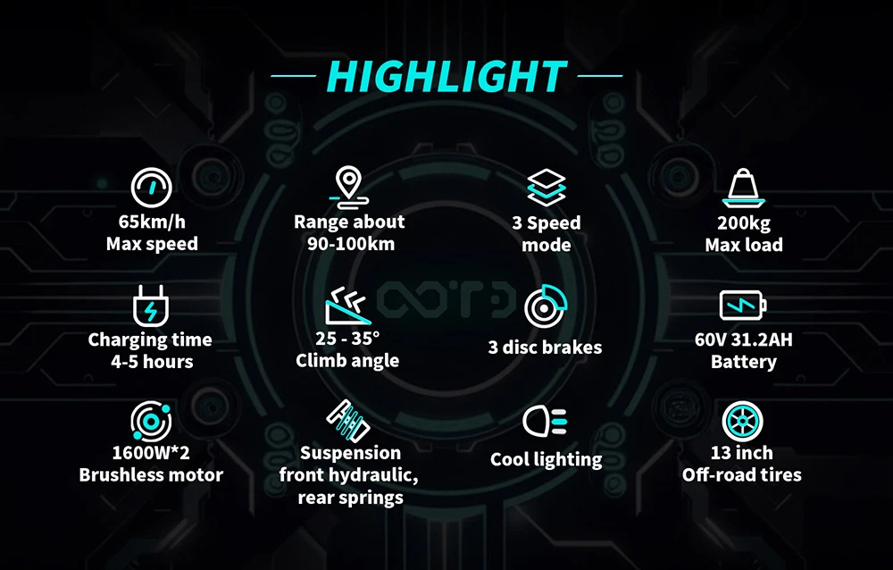 OOTD T30 Folding Electric Scooter, 1600W*2 Motor, 60V 31.2Ah Battery, 13 inch Off-road Tires, 65km/h Max Speed, 100km Max Range, Hydraulic Disc Brakes, Front Hydraulic & Rear Spring Suspension, 200kg Max Load
