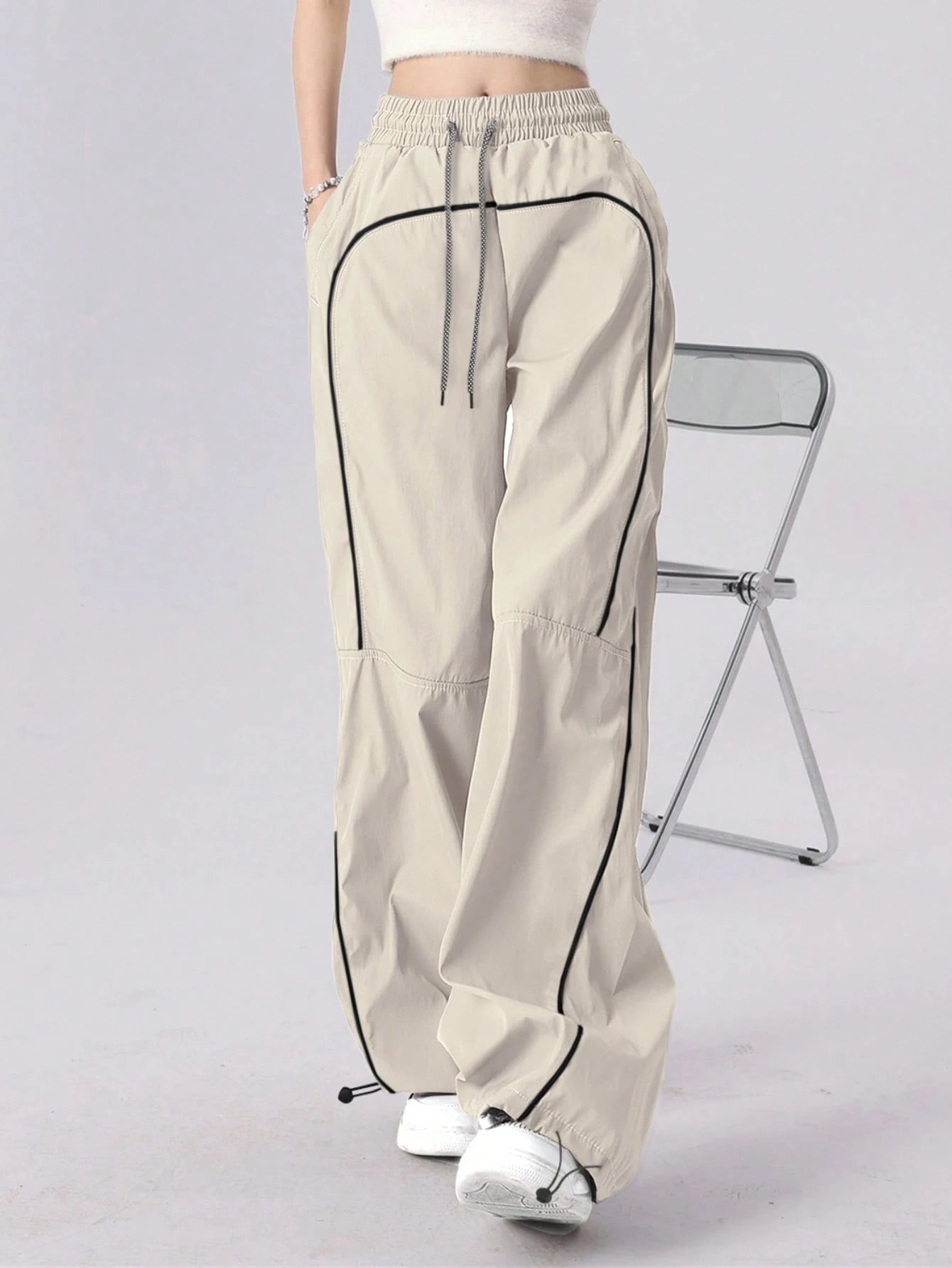 Women's Drawstring Waist Pocket Patchwork Casual Sports Pants