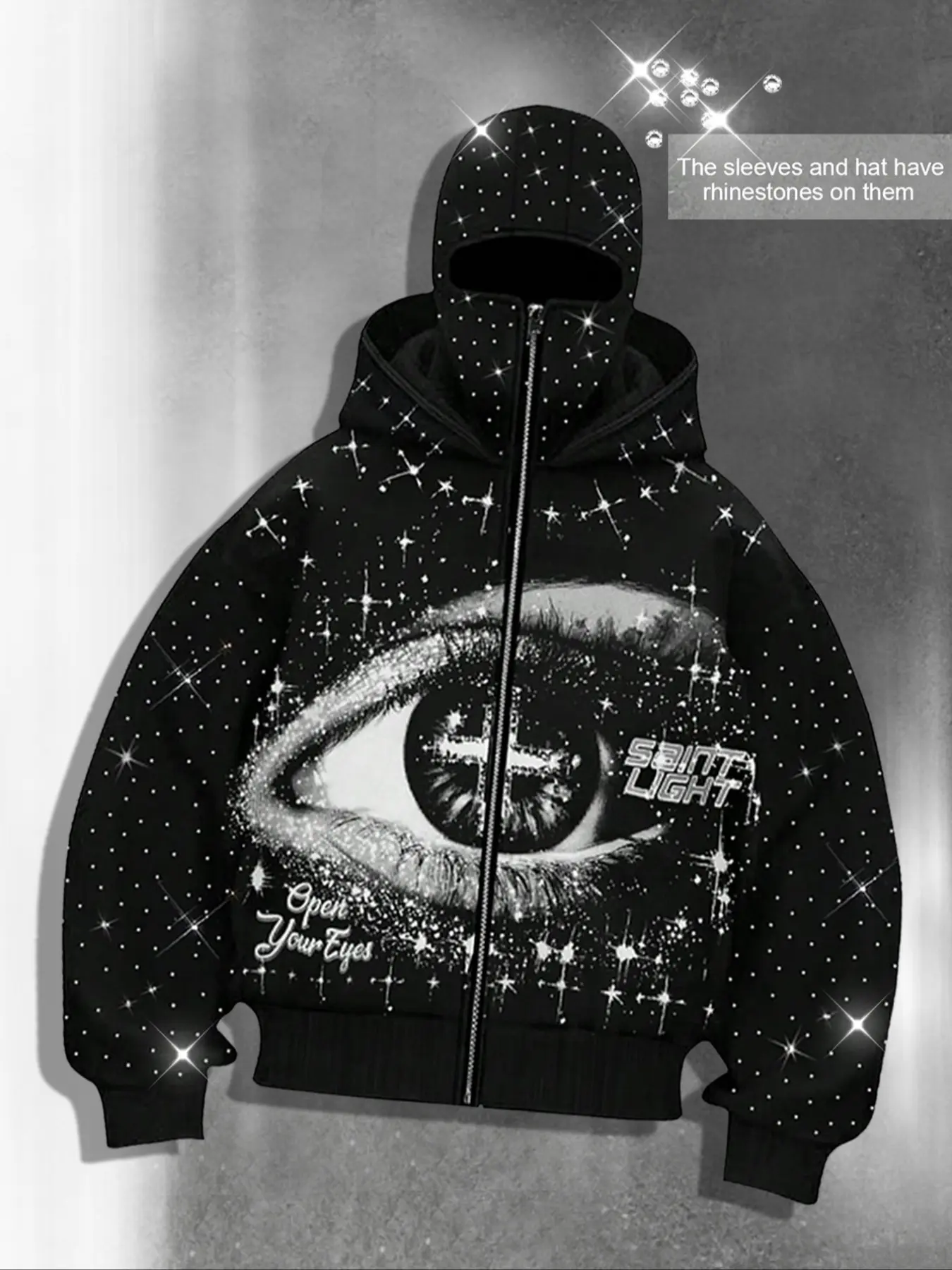  Graphic hoodies, sleeve hat hot rhinestone, sparkling starry sky unisex hoodie European and American street jacket, autumn and winter plus velvet hoodie Instagram style