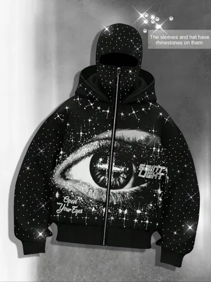  Graphic hoodies, sleeve hat hot rhinestone, sparkling starry sky unisex hoodie European and American street jacket, autumn and winter plus velvet hoodie Instagram style