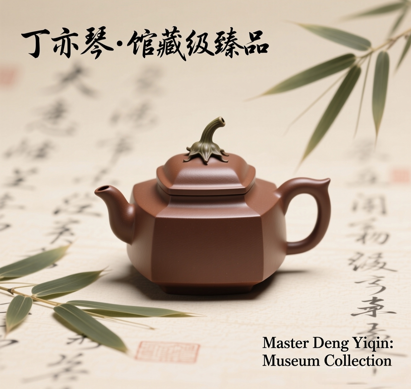 Close up of a handmade Zhuni clay Xishi teapot with a green tea leaf logo, perfect for Oolong tea ceremonies.