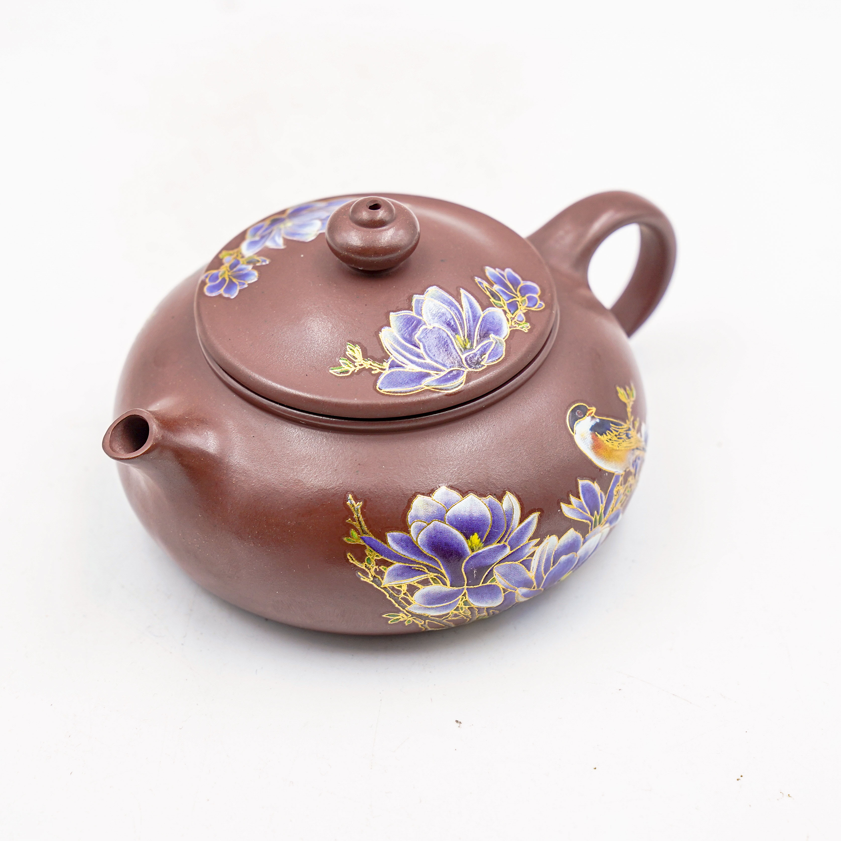 Hand-Painted Blue Floral & Bird Motif Yixing Zisha Teapot (Shi Piao Style)
