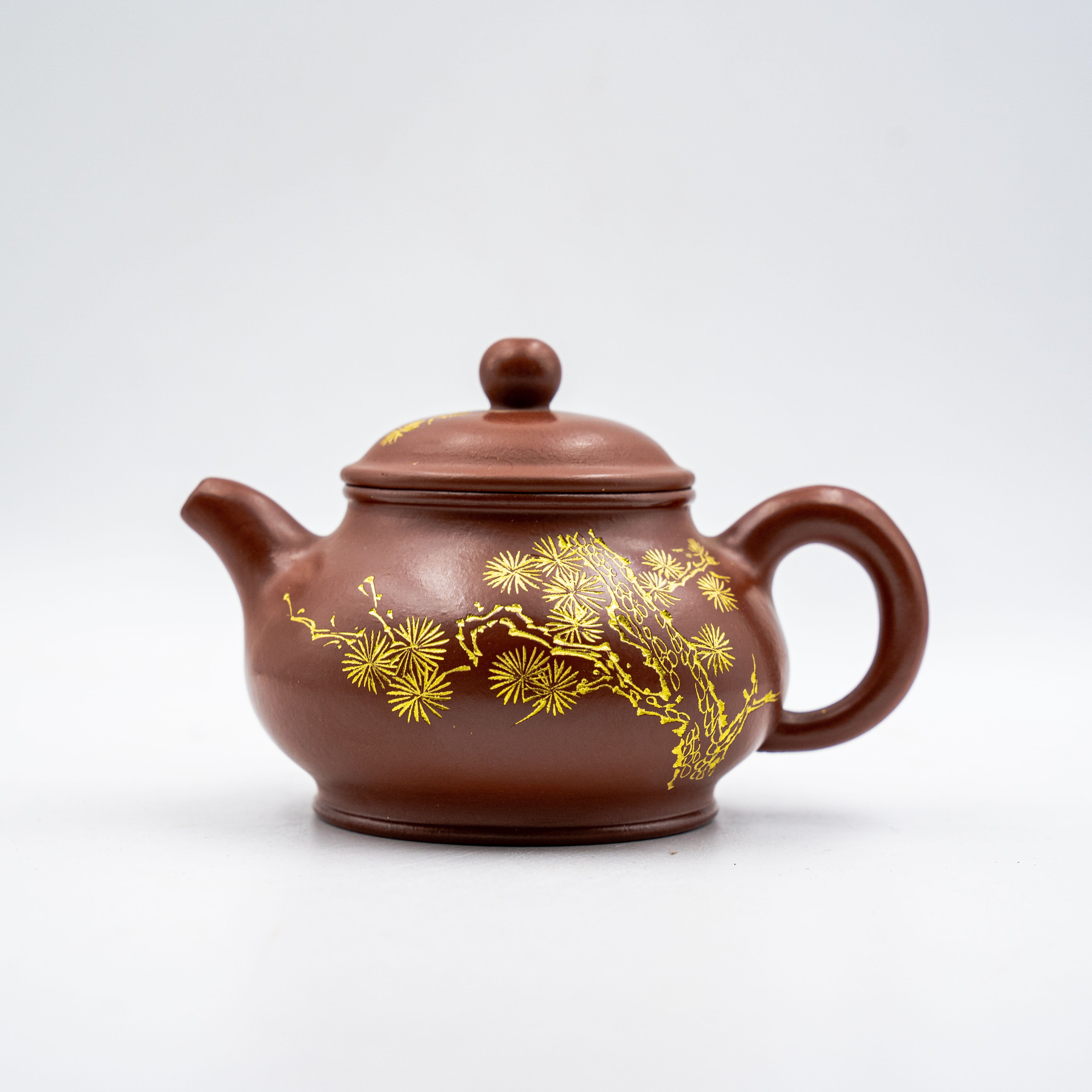Handcrafted Yixing Zisha Pan Teapot, Da Hong Pao Clay with Carving
