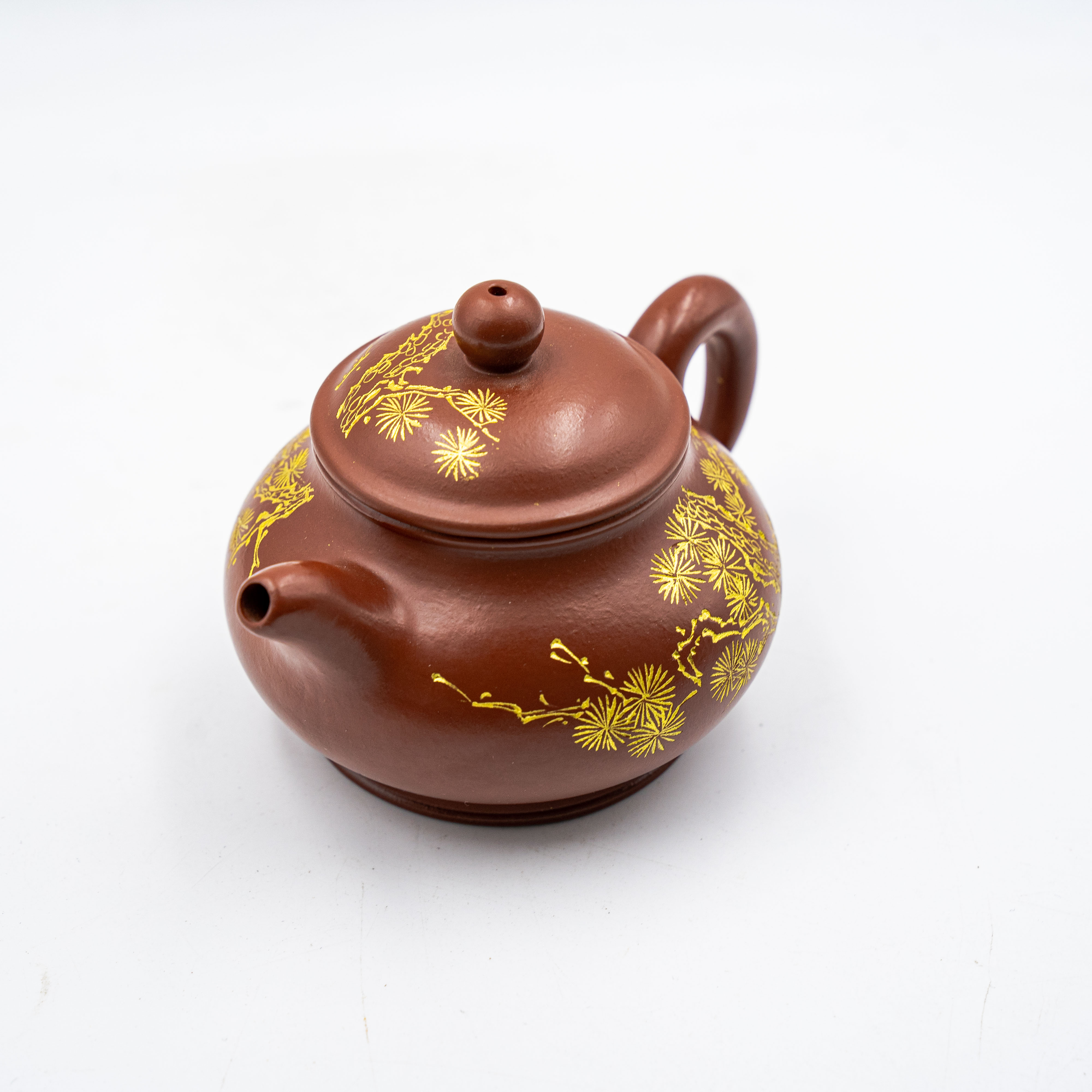 Handcrafted Yixing Zisha Pan Teapot, Da Hong Pao Clay with Carving